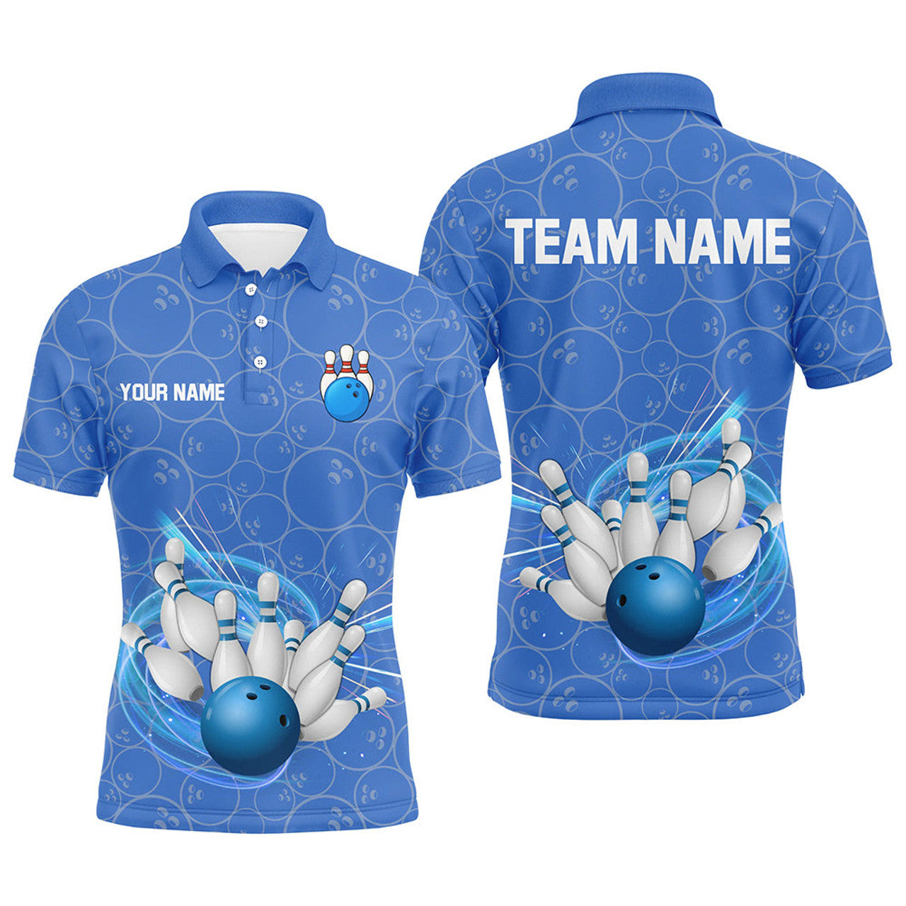FUNSTUFFPRINT Blue Camo Bowling Polo, For Men Custom Bowling Team League Uniform Polo Shirt Size S-5XL
