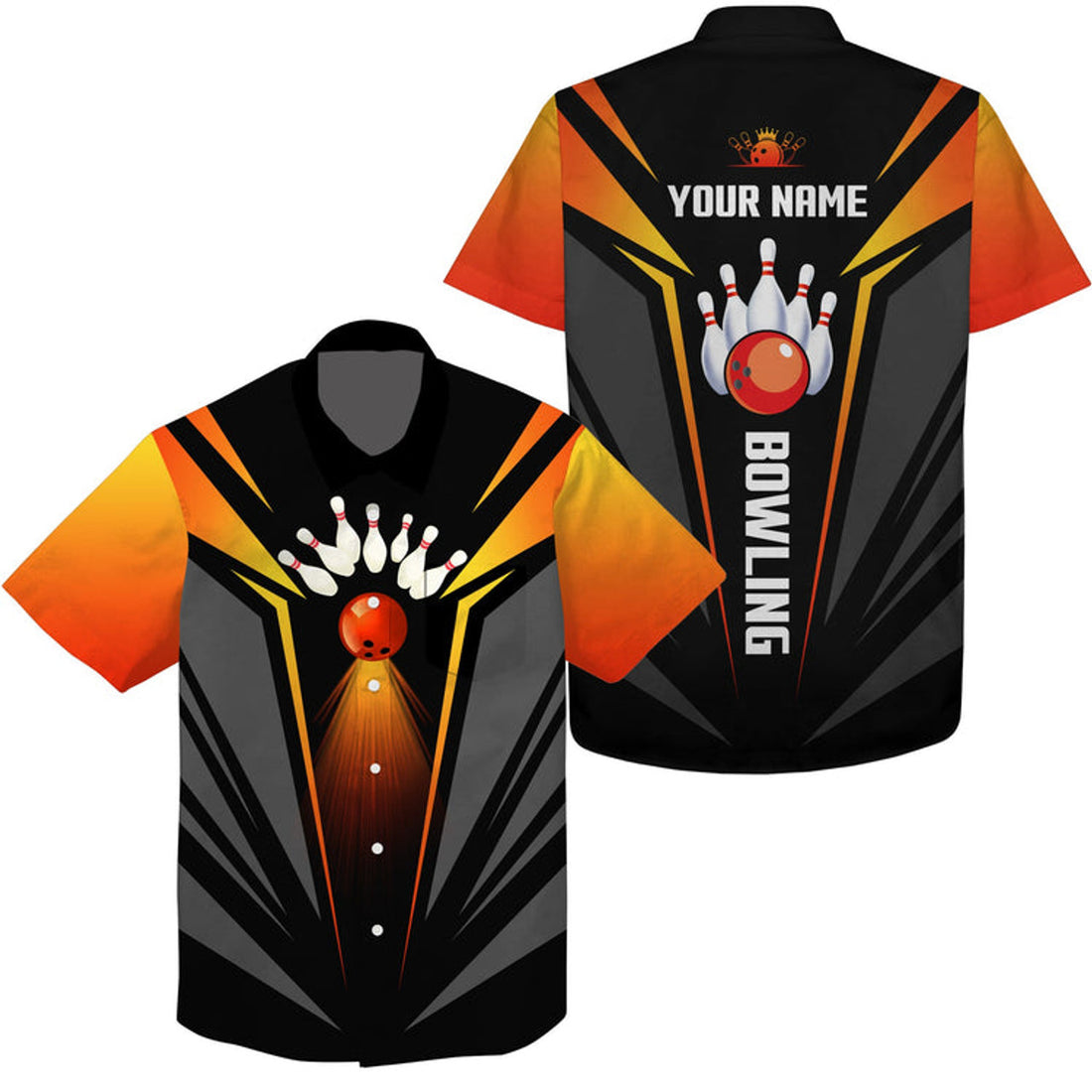 Custom Hawaiian Bowling Shirts Bowling Ball And Pins Team Shirt, Black Orange Bowl Shirts