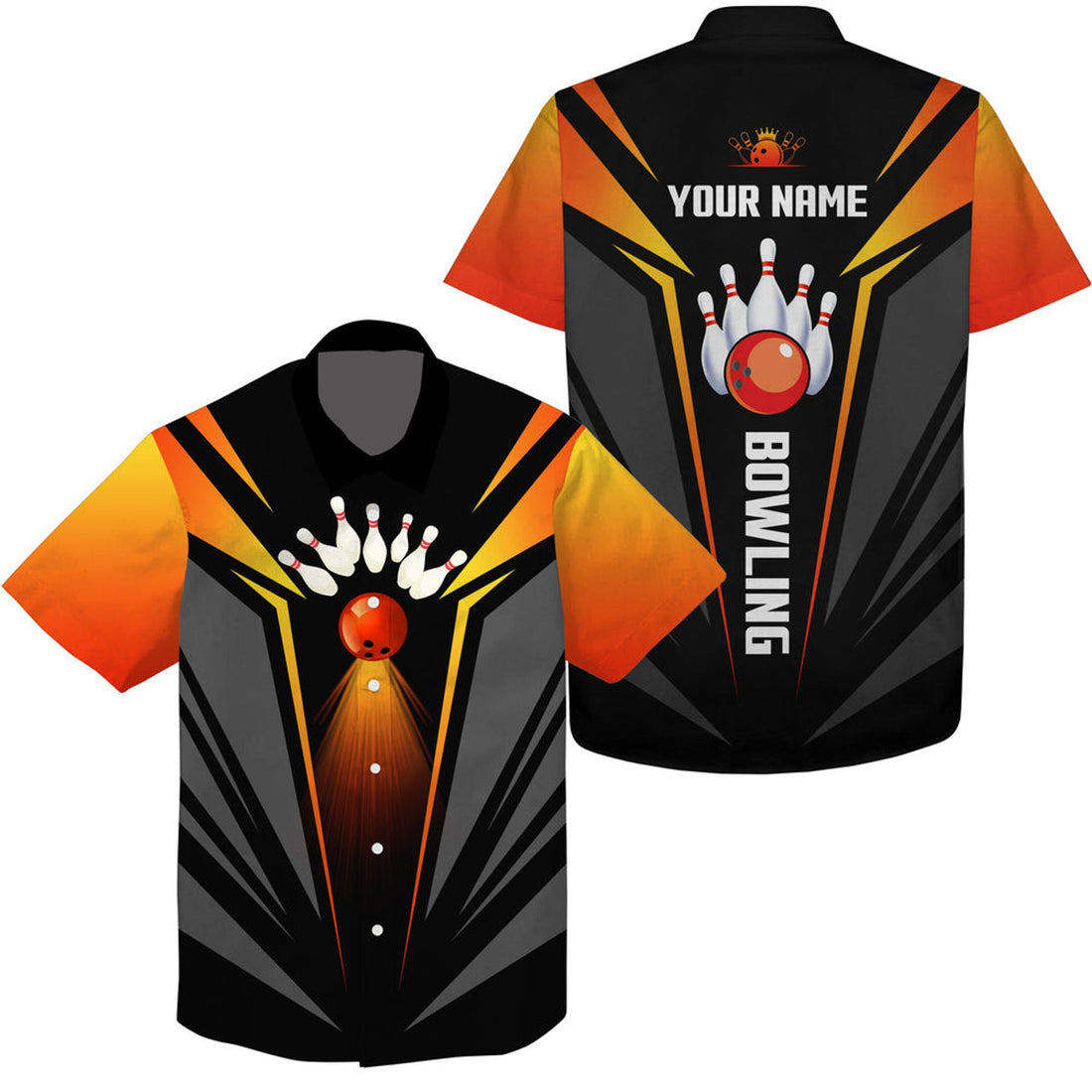 Custom Hawaiian Bowling Shirts Bowling Ball And Pins Team Shirt, Black Orange Bowl Shirts