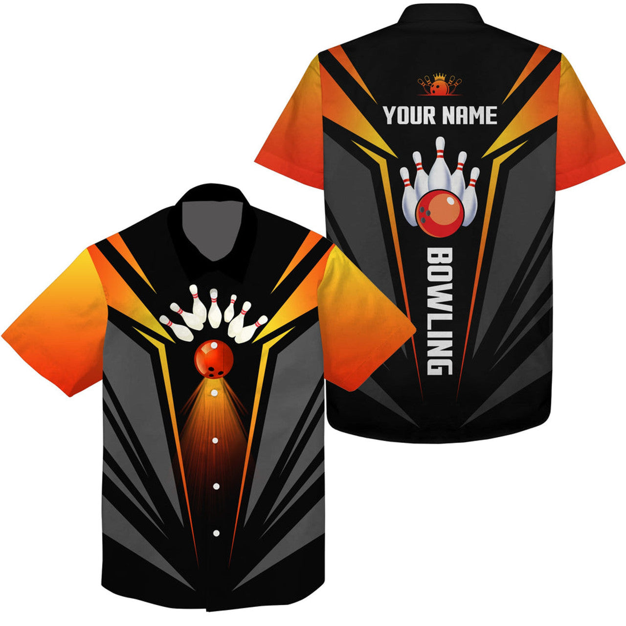 Custom Hawaiian Bowling Shirts Bowling Ball And Pins Team Shirt, Black Orange Bowl Shirts