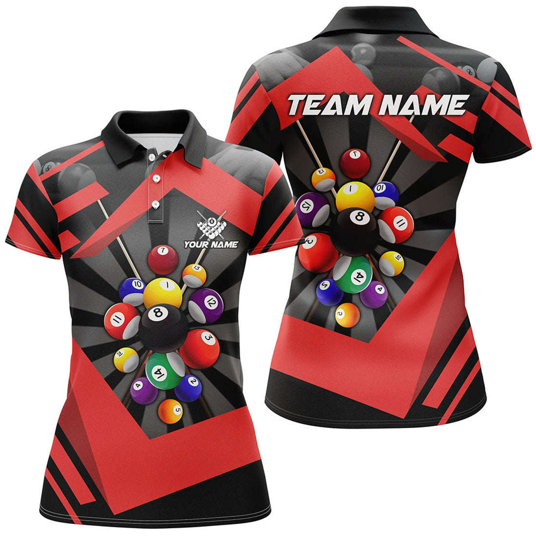 Custom Personalized Red Jerseys Billiard Balls Polo Shirt For Women, 8 Ball Pool Player Shirts