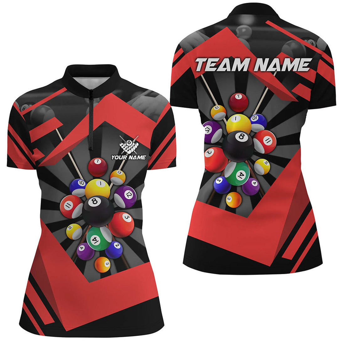 Custom Personalized Red Jerseys Billiard Balls Polo Shirt For Women, 8 Ball Pool Player Shirts