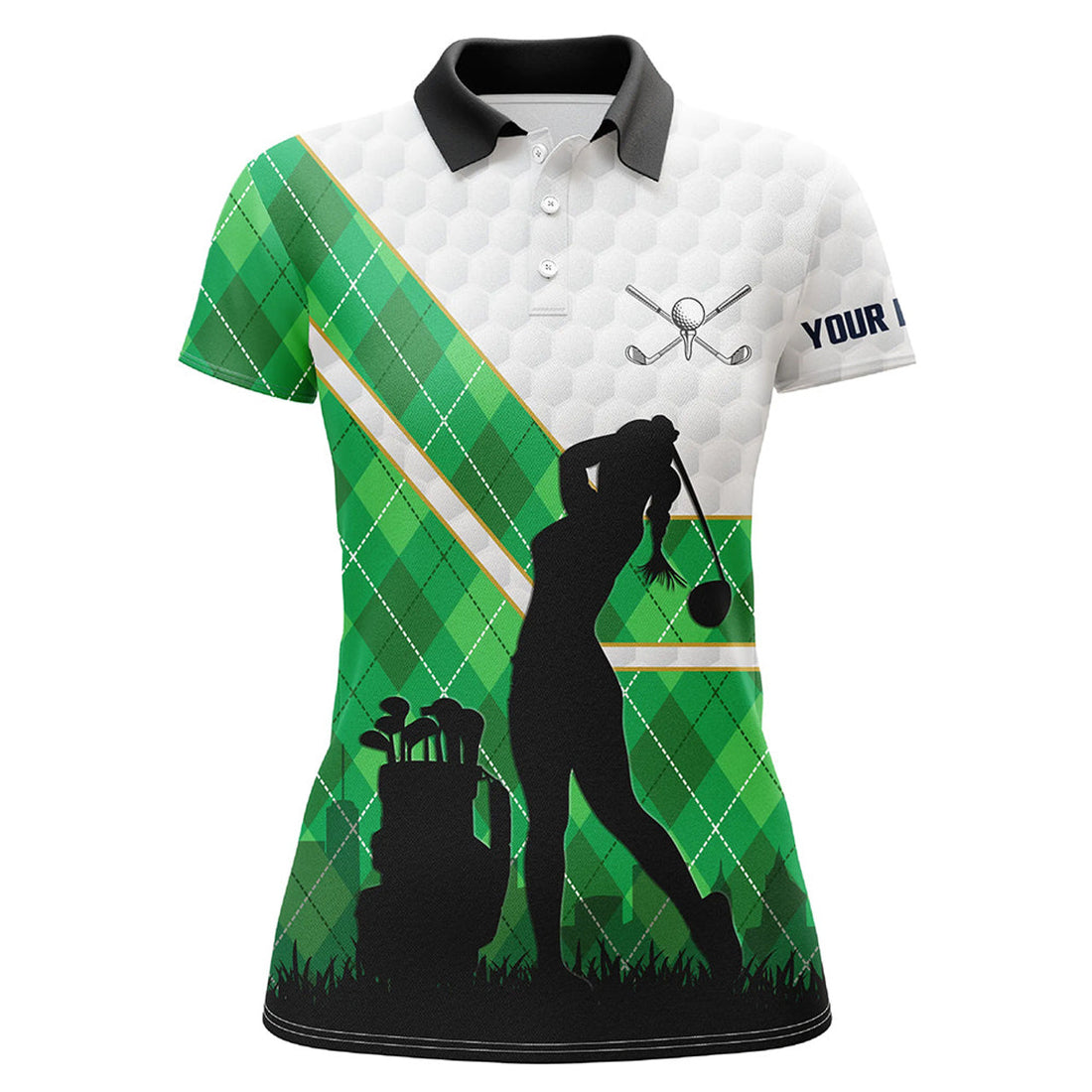 Custom Green Argyle Pattern White Golf Ball Womens Golf Polo Shirt Custom Golfing Gifts, Ladies Golf Tops