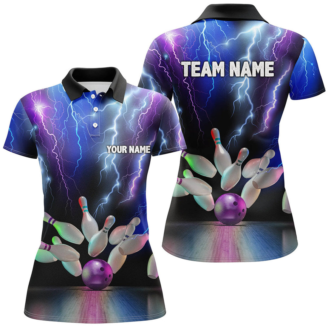 Custom Women Bowling Polo Shirts Colorful Lightning Thunder Storm Bowling Team League Jerseys