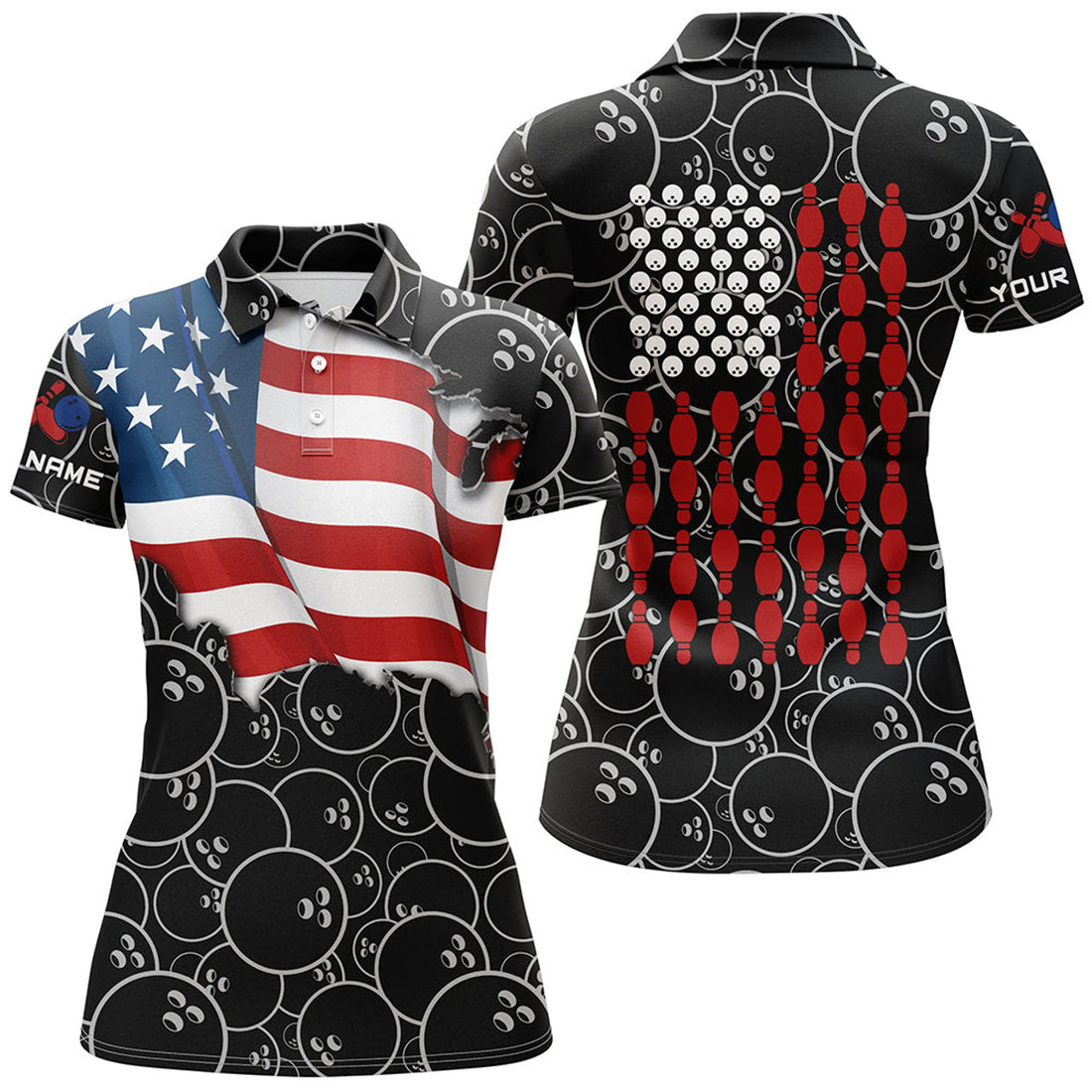 Custom American Flag Black Camo Bowling Shirt For Women Custom Polo, Team Patriots Bowlers