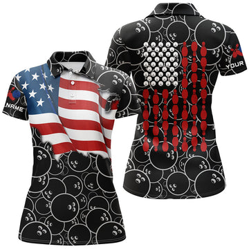 Custom American Flag Black Camo Bowling Shirt For Women Custom Polo, Team Patriots Bowlers