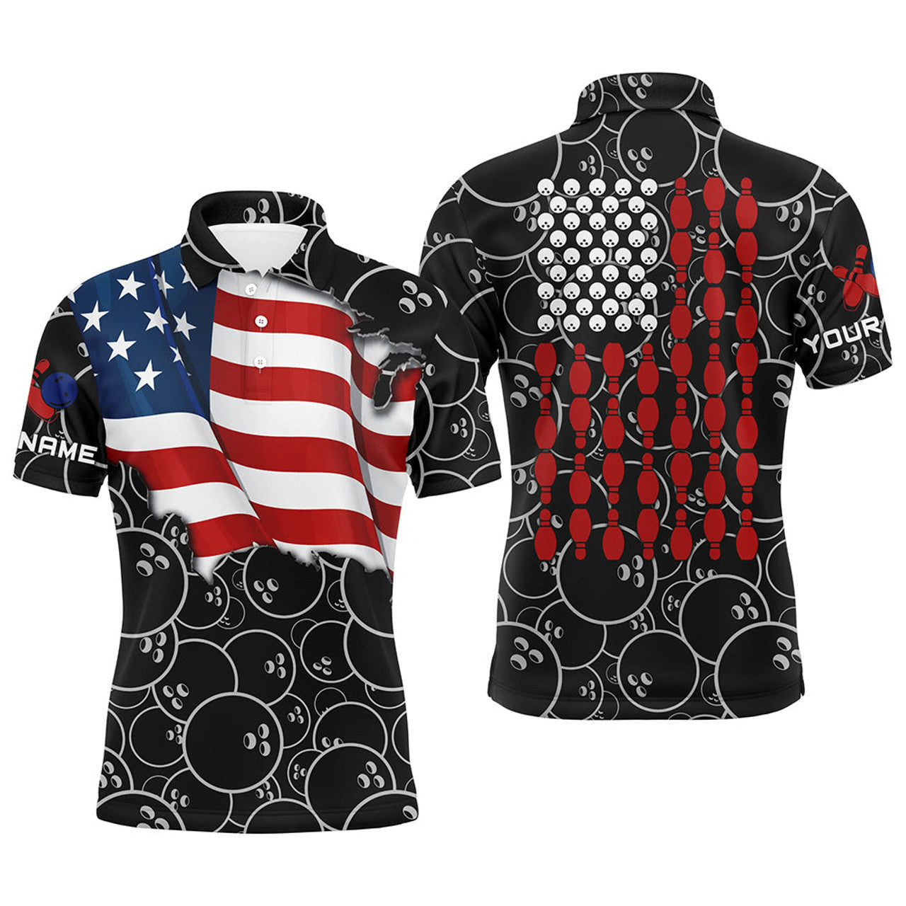 FUNSTUFFPRINT American Flag black camo Bowling Shirt for Men Custom Polo, Polo Shirt Size S-5XL