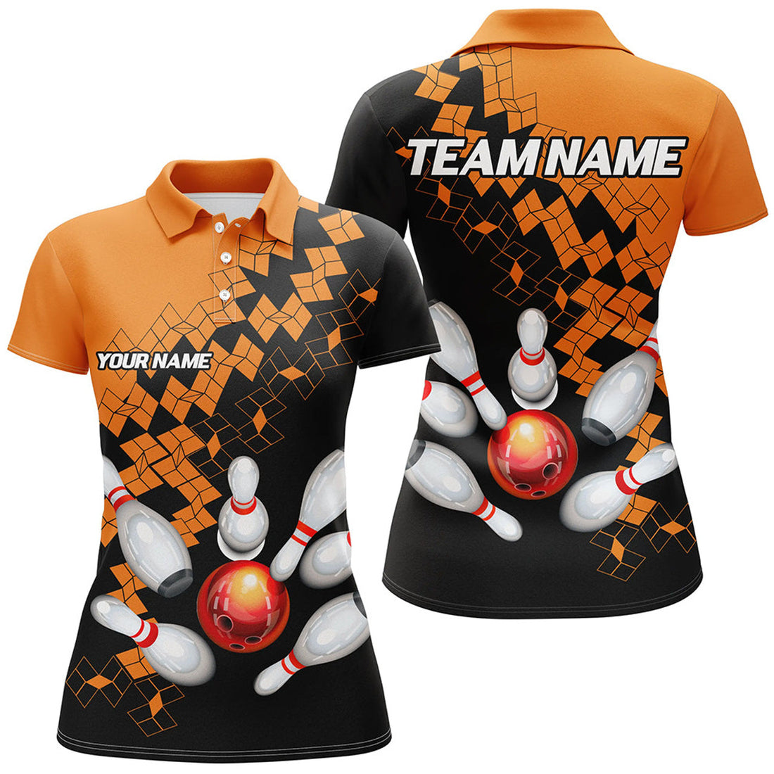 Custom Black And Orange Bowling Jerseys Polo, Shirt For Women Custom Bowling Team Shirts For Bowlers