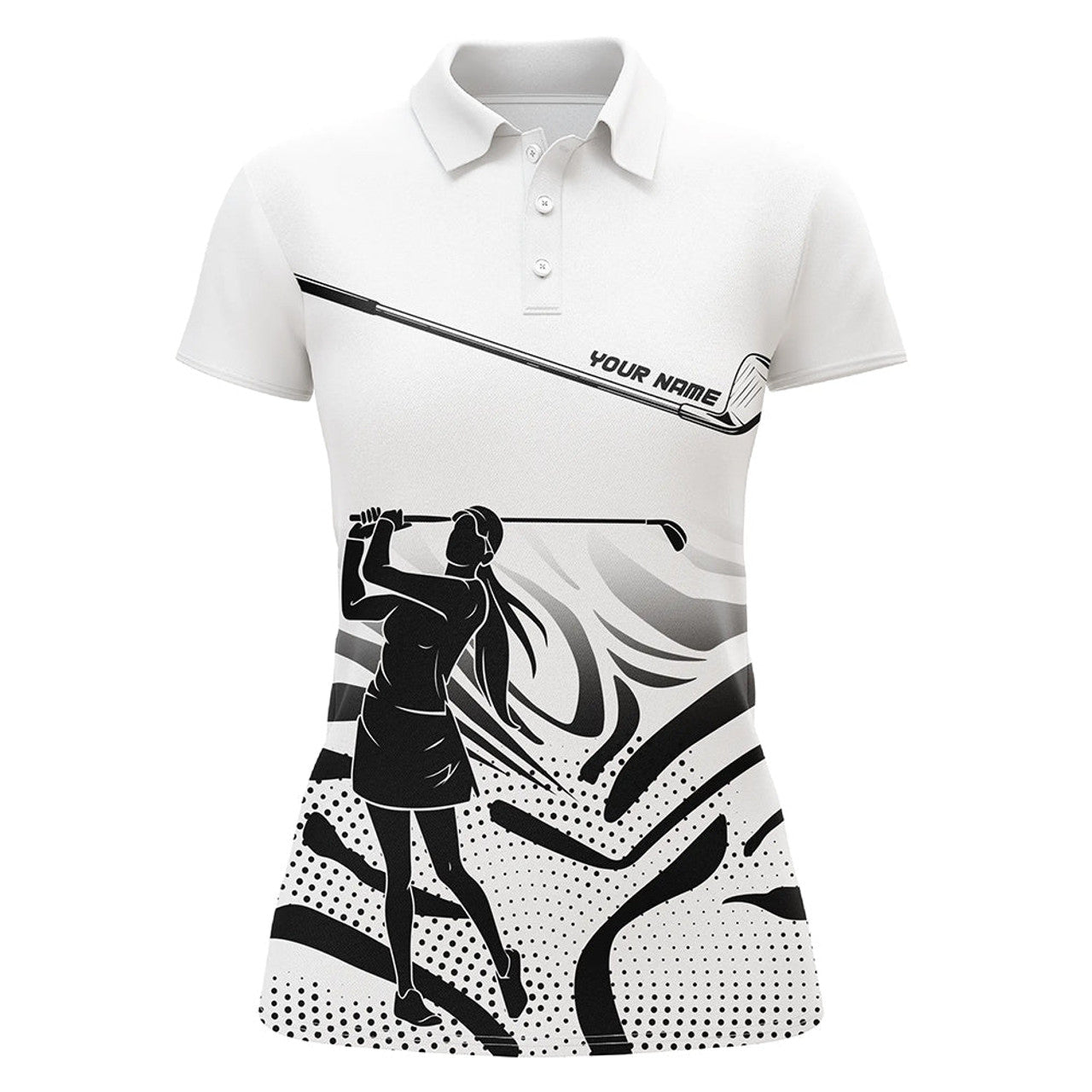 Custom Black and White Camo custom Womens golf polo shirts, personalized golf attire for women