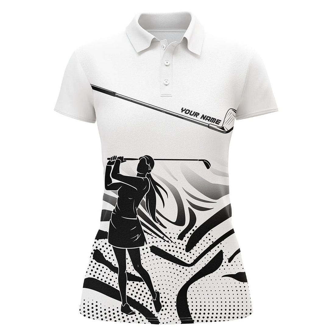 Custom Black and White Camo custom Womens golf polo shirts, personalized golf attire for women