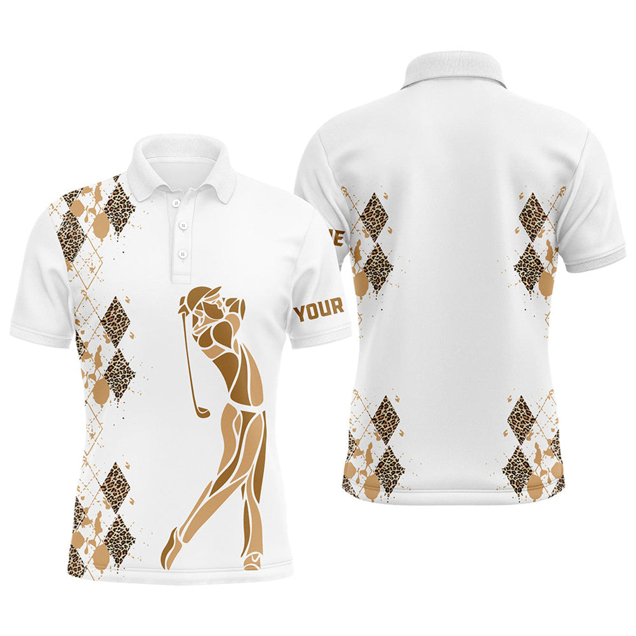 Custom Leopard argyle pattern white Men golf polo shirts custom golf wear for men, unique golf gifts