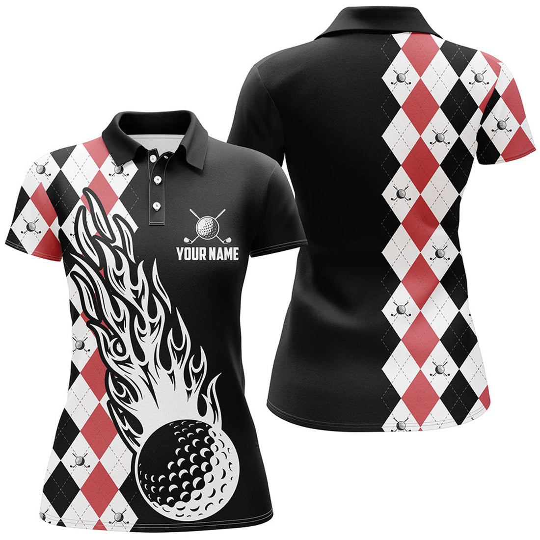 Custom Women Golf Polo Shirts Custom Black And Red Argyle Pattern Golf Ball Fire Cool Ladies Golf Shirt