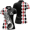 Custom Women Golf Polo Shirts Custom Black And Red Argyle Pattern Golf Ball Fire Cool Ladies Golf Shirt