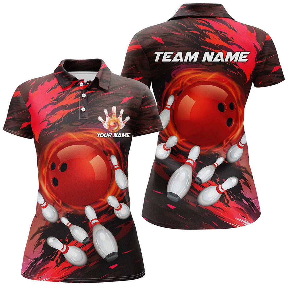 Custom Women Bowling Polo Shirts Custom Red Light Camo Bowling Team League Jerseys, Bowling Gifts For Bowlers