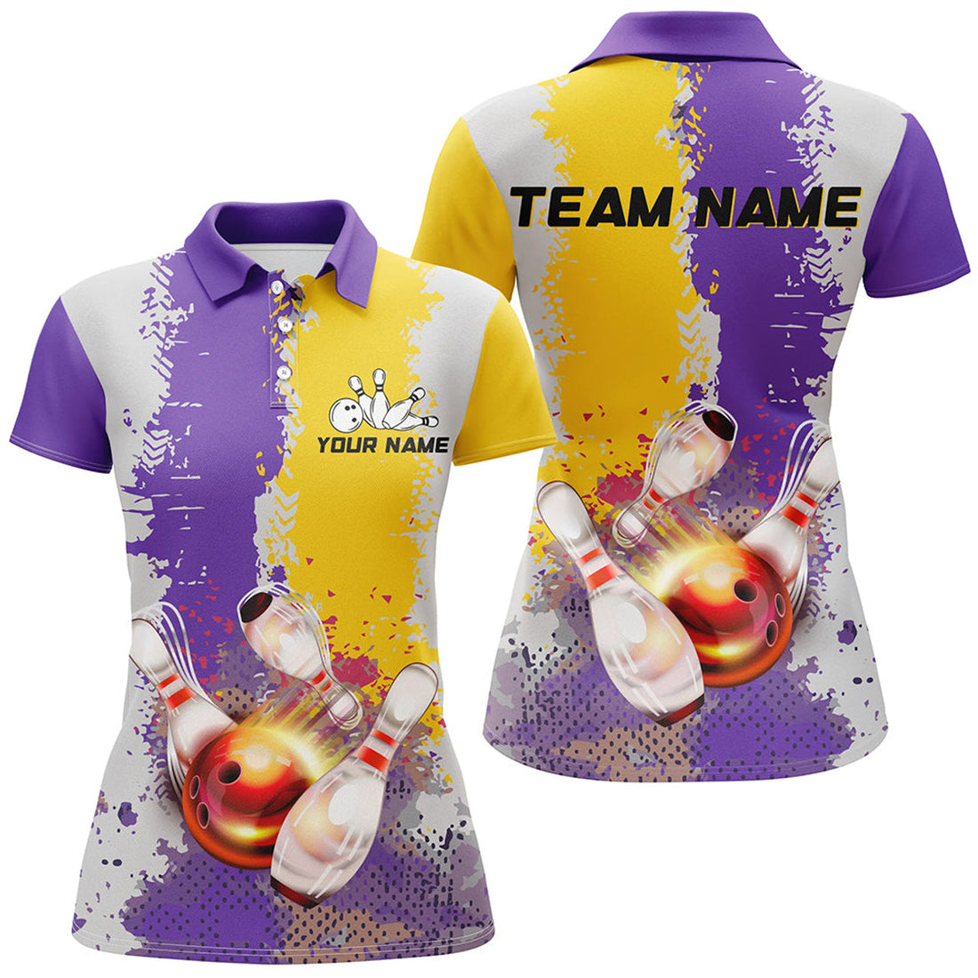 Custom Yellow And Purple Camo Bowling Polo, Custom Team Women Bowling Jerseys