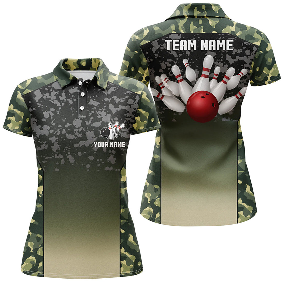 Custom Green Camo Bowling Polo Shirts For Women Custom Team Shirts Bowling Jerseys, Gifts For Bowlers