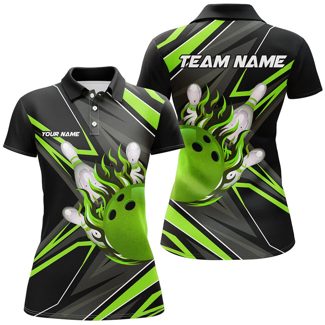 Custom Black And Green Womens Bowling Polo Shirt Custom Bowling Ball Pins Flame Bowling Jerseys For Bowler
