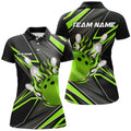 Custom Black And Green Womens Bowling Polo Shirt Custom Bowling Ball Pins Flame Bowling Jerseys For Bowler