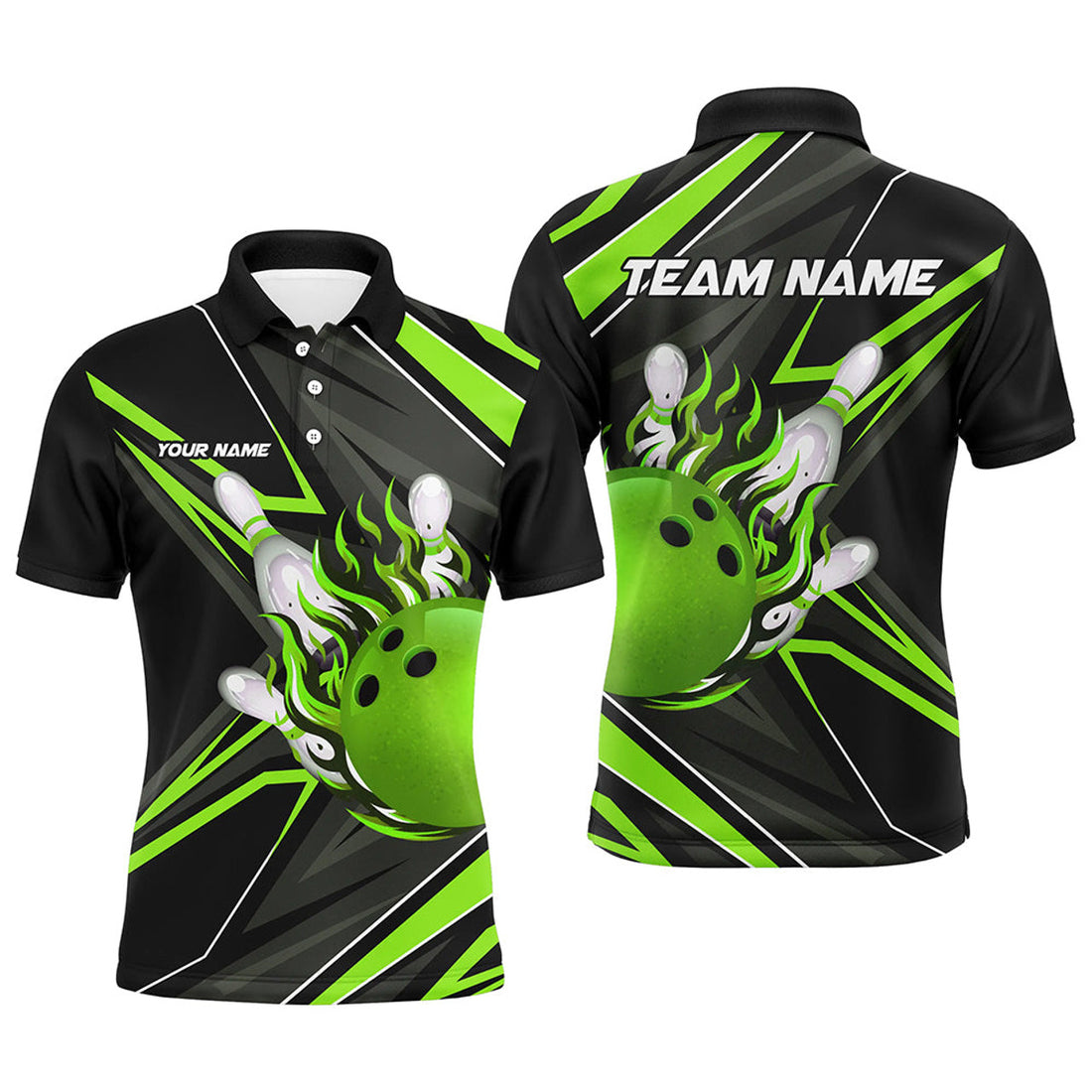 Custom Black And Green Men Bowling Polo Shirt Custom Bowling Ball Pins Flame Bowling Jerseys For Bowler