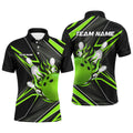Custom Black And Green Men Bowling Polo Shirt Custom Bowling Ball Pins Flame Bowling Jerseys For Bowler