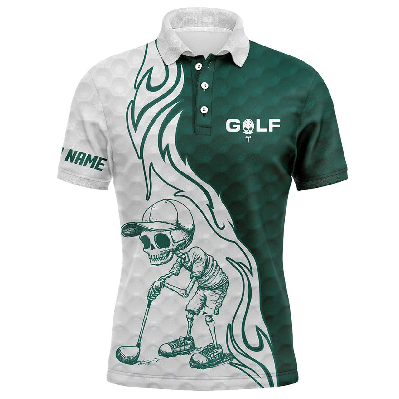 FUNSTUFFPRINT Green and white Mens golf polo shirt custom name golf skull shirts, golfing apparel gift for mens Polo Shirt Size S-5XL