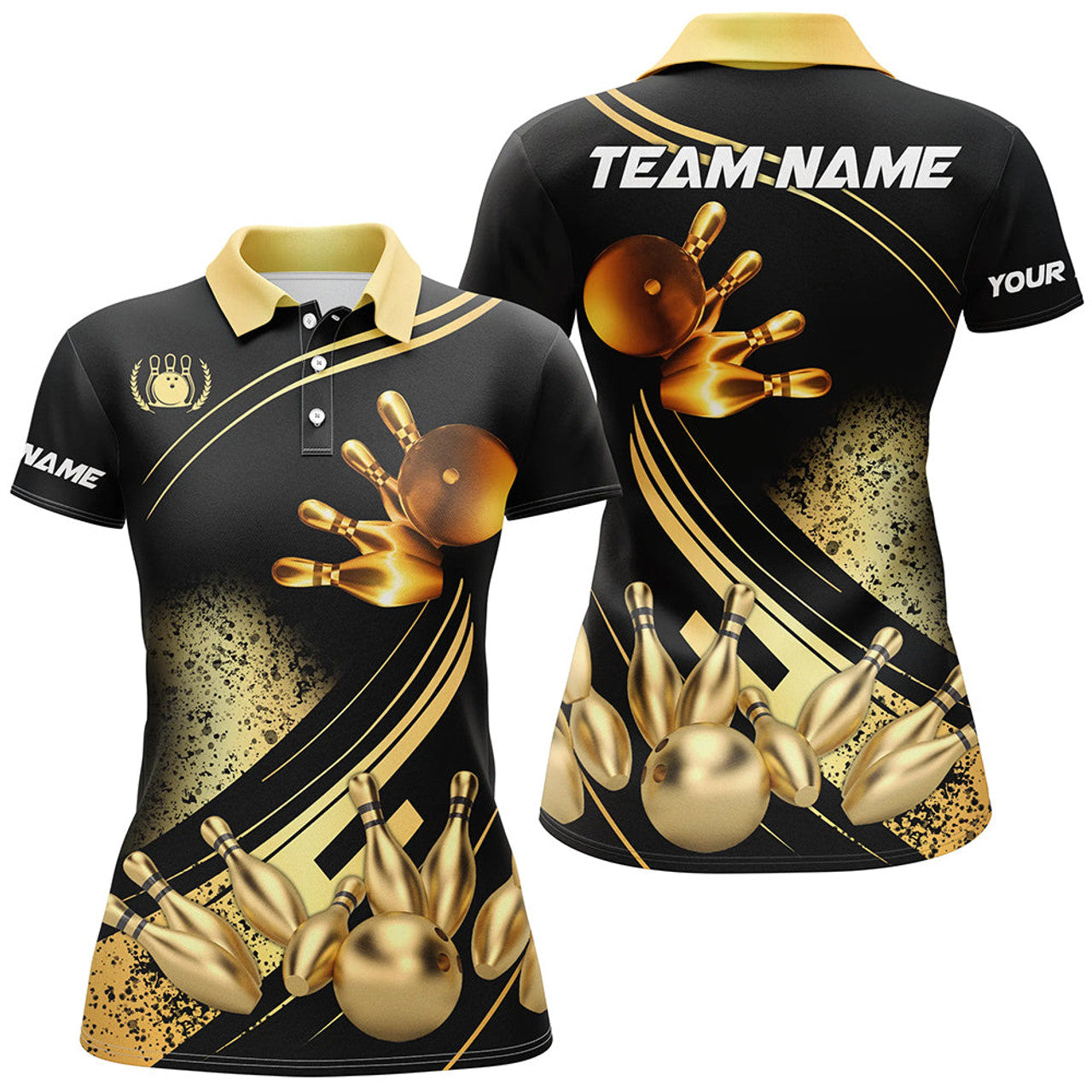 Custom Black And Gold Women Bowling Polo Shirts Custom Bowling Apparel Team Bowling Jerseys, Bowling Gifts
