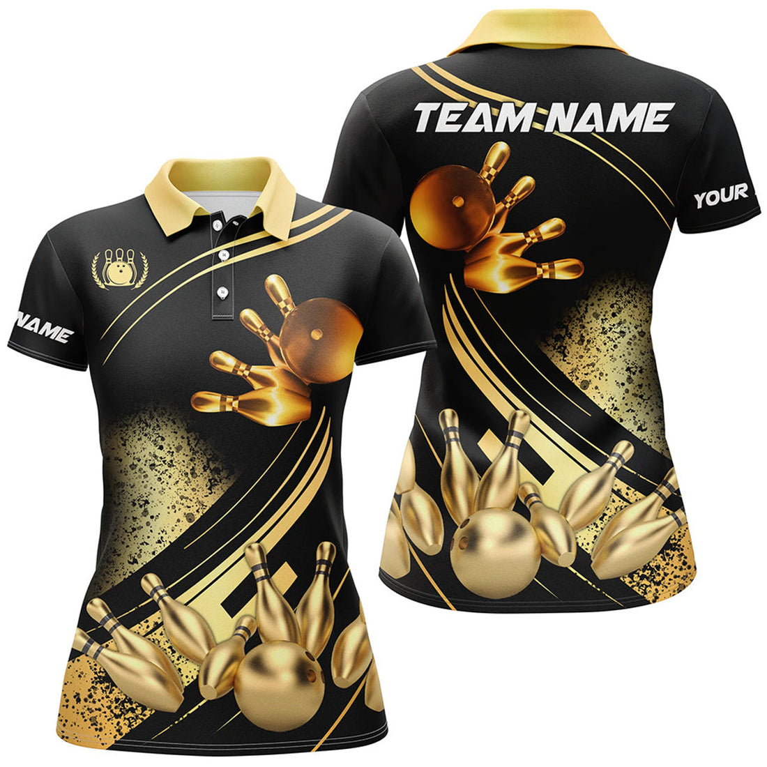 Custom Black And Gold Women Bowling Polo Shirts Custom Bowling Apparel Team Bowling Jerseys, Bowling Gifts