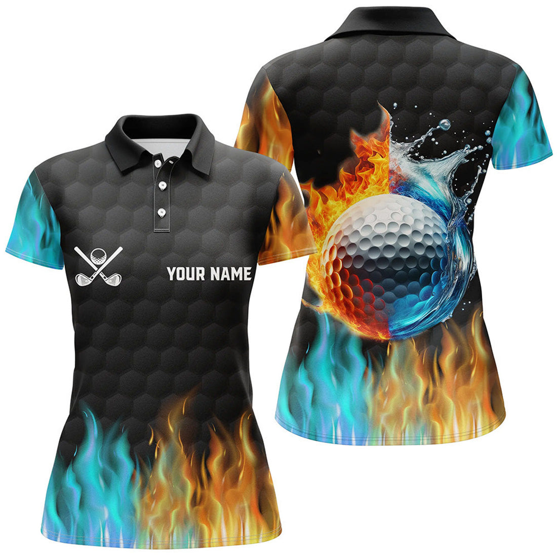 Custom Fire And Water Golf Ball Black Womens Golf Polo Shirts Custom Golf Apparel For Women