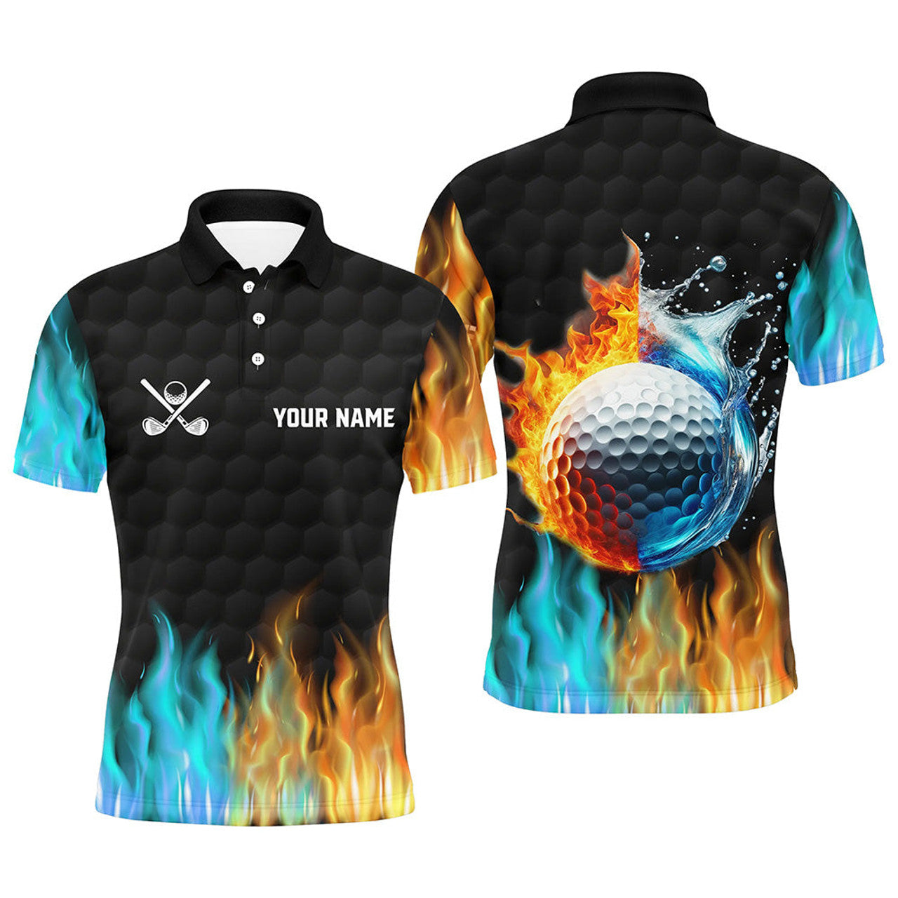 Custom Fire and water golf ball black Mens golf polo shirts custom golf apparel for men, golfing gifts