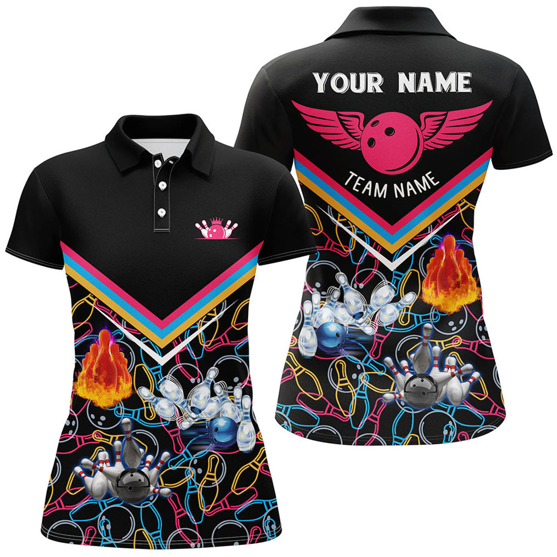 Custom Personalized 3d Bowling Shirts For Women, Custom Black Short Sleeve Polo Bowling Shirts For Girls
