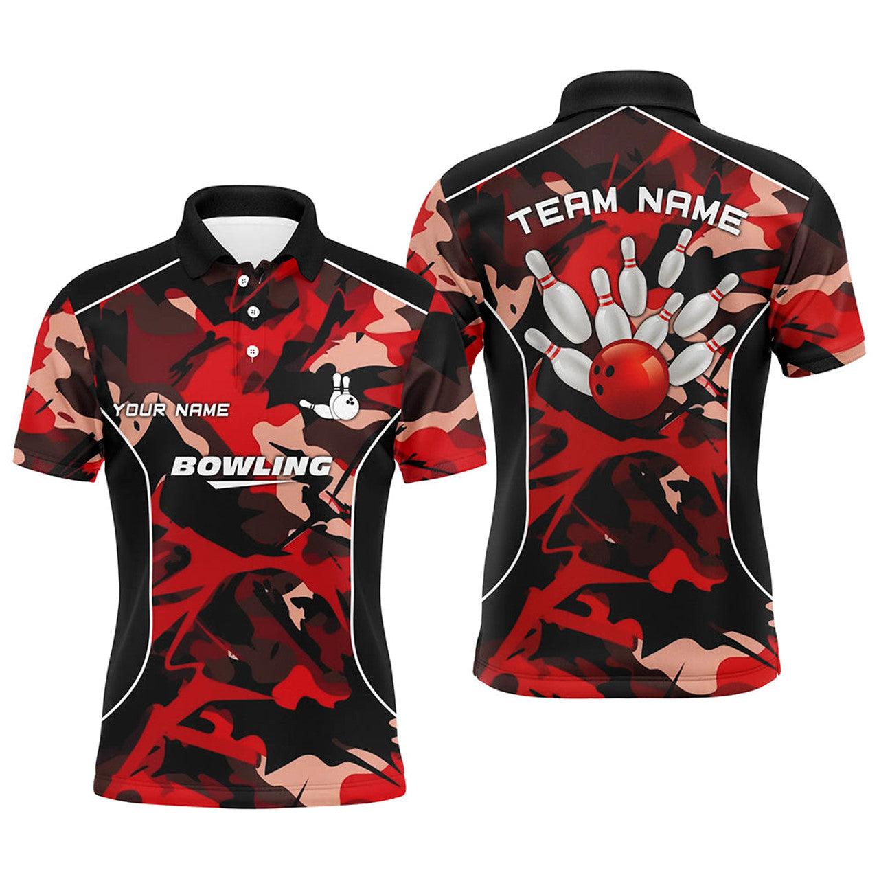 FUNSTUFFPRINT Mens polo bowling shirts Custom bowling ball and pins red camo Bowling Team Jersey for men Polo Shirt Size S-5XL