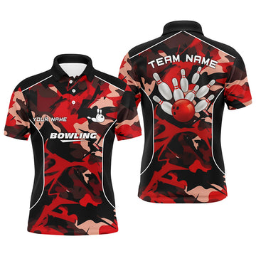FUNSTUFFPRINT Mens polo bowling shirts Custom bowling ball and pins red camo Bowling Team Jersey for men Polo Shirt Size S-5XL