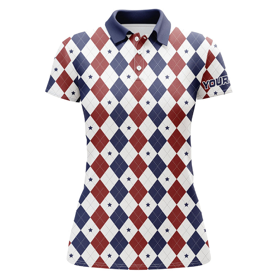 Custom Women Golf Polo Shirt Custom Red, White And Blue Argyle Plaid Pattern Golf Attire For Ladies