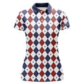 Custom Women Golf Polo Shirt Custom Red, White And Blue Argyle Plaid Pattern Golf Attire For Ladies