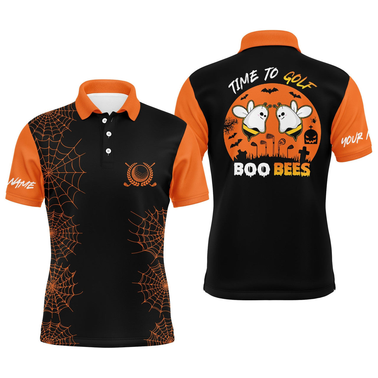 Custom Funny Black Orange Halloween Custom Name Golf Men Polo Shirt - Personalized Gift For Golf Lover, Team, Golfer - Time To Golf Boo Bees