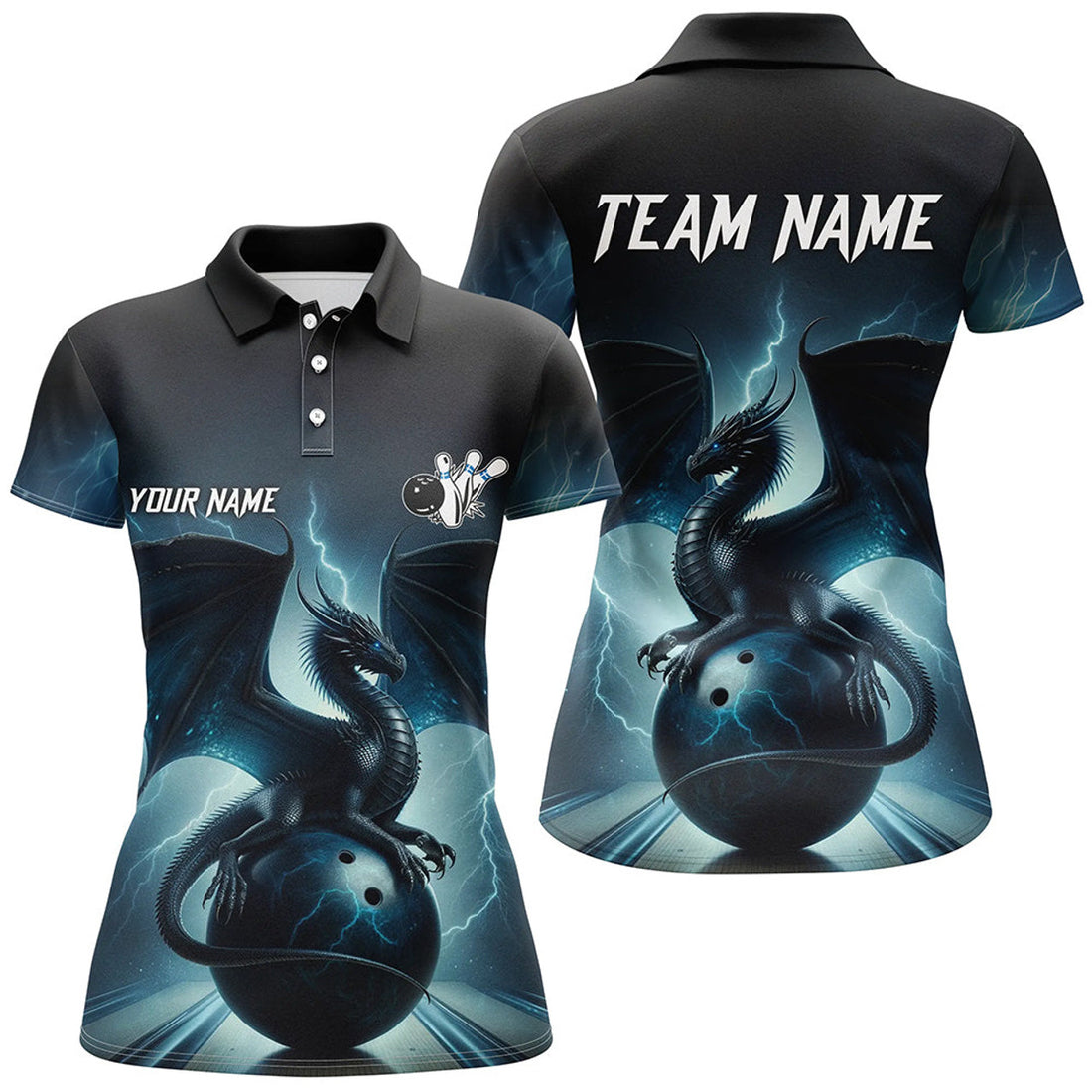 Custom Dark Blue Lightning Thunder Custom Dragon Women bowling polo shirts, Team Bowling League Jerseys