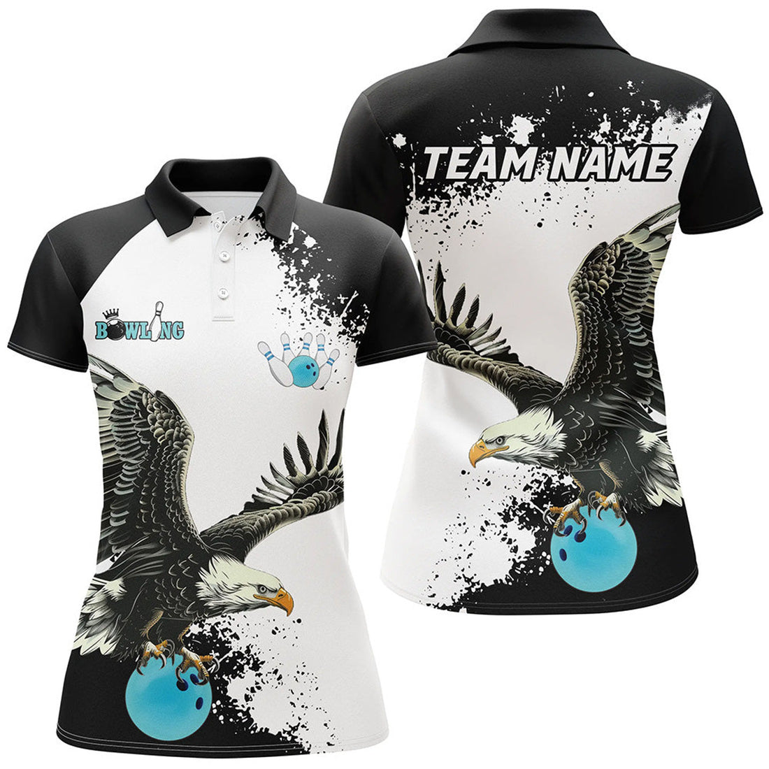 Custom Black And White Women Bowling Polo Shirts Custom Eagle Team Bowling Shirts, Gift For Bowlers | Blue