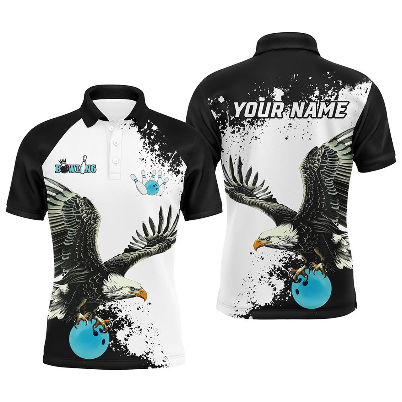 Custom Black and white Mens bowling polo shirts Custom Eagle Team bowling shirts, gift for bowlers | Blue