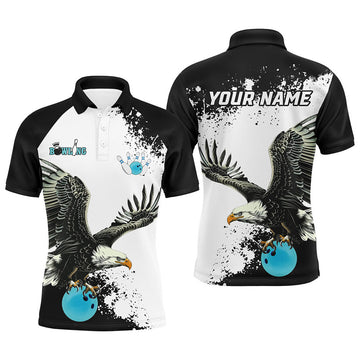 Custom Black and white Mens bowling polo shirts Custom Eagle Team bowling shirts, gift for bowlers | Blue