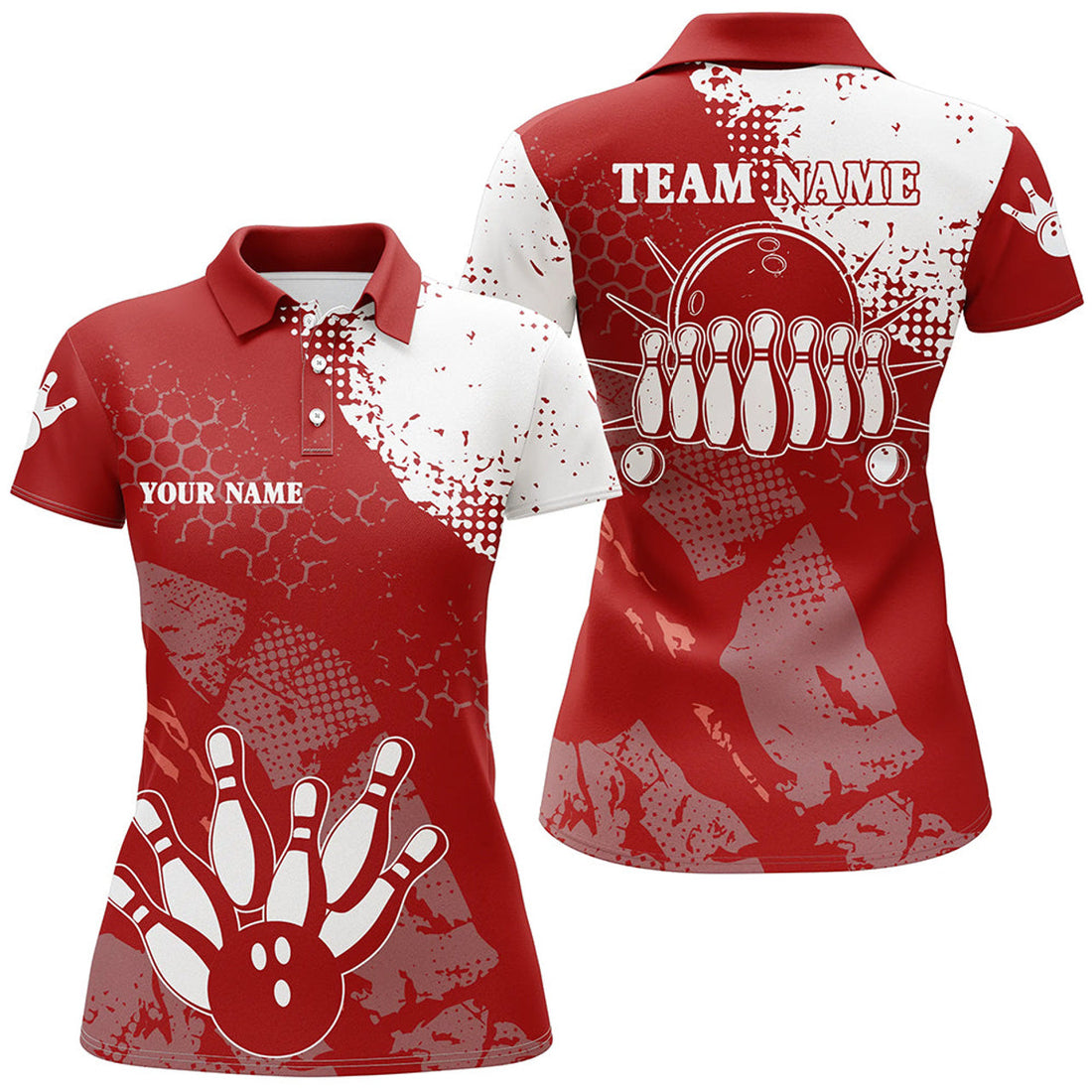 Custom Red And White Women Bowling Polo Shirts Custom Retro Bowling Ball Pins Bowling Team League Jerseys