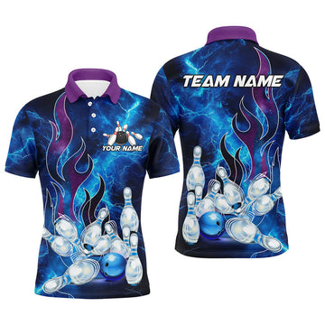 FUNSTUFFPRINT Blue Lightning Thunder Bowling Polo Shirt Size S-5XL
