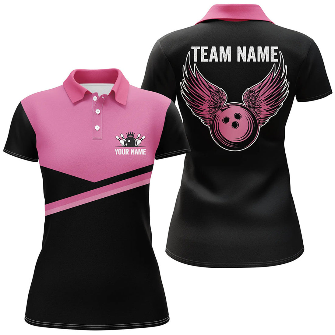 Custom Black And Pink Women Bowling Polo Shirts Custom Team Bowling Jerseys, Gift For Bowlers