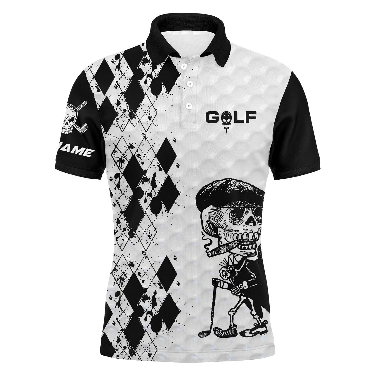 Custom Golf Custom Name Men Polo Shirt - Black & White Argyle Pattern Skull Smoking Apparel - Personalized Best Gift For Golf Lover, Team, Golfer