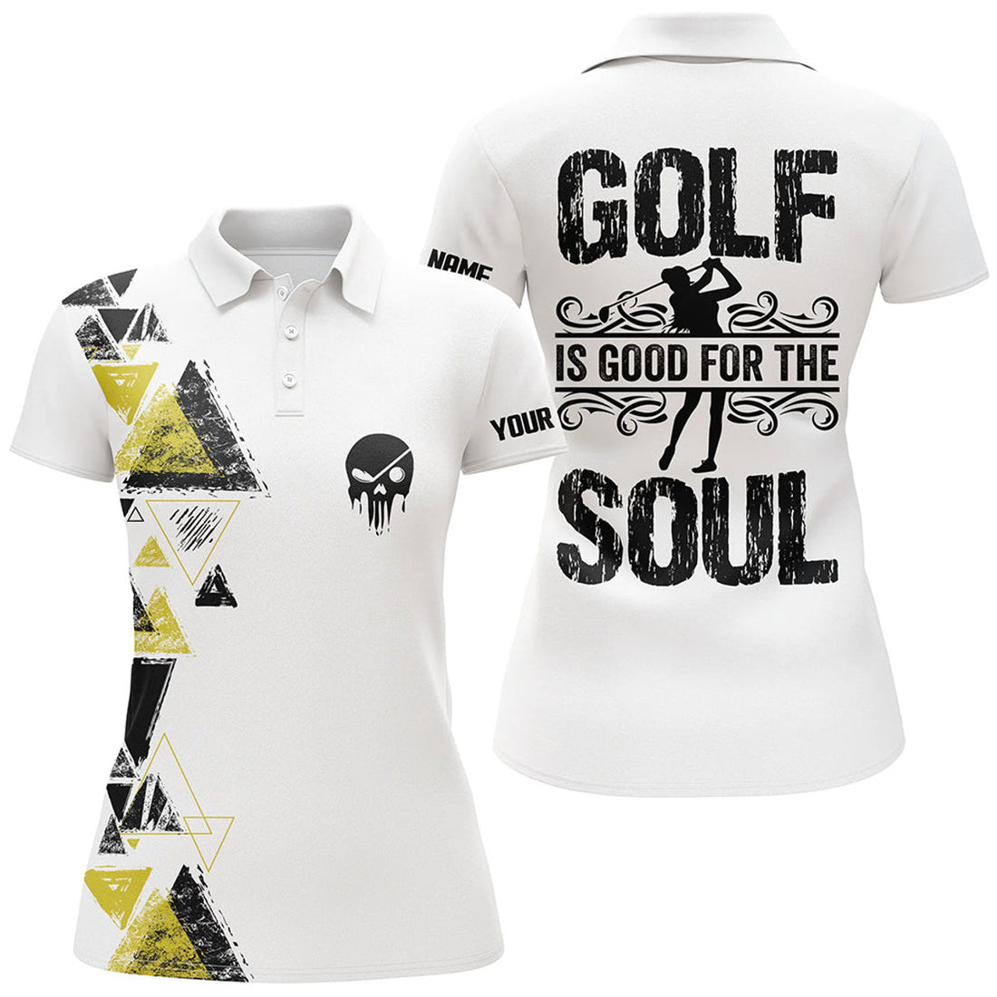 Custom Personalized Black Yellow Triangle Custom White Womens Golf Polo Shirts Golf Is Good For The Soul