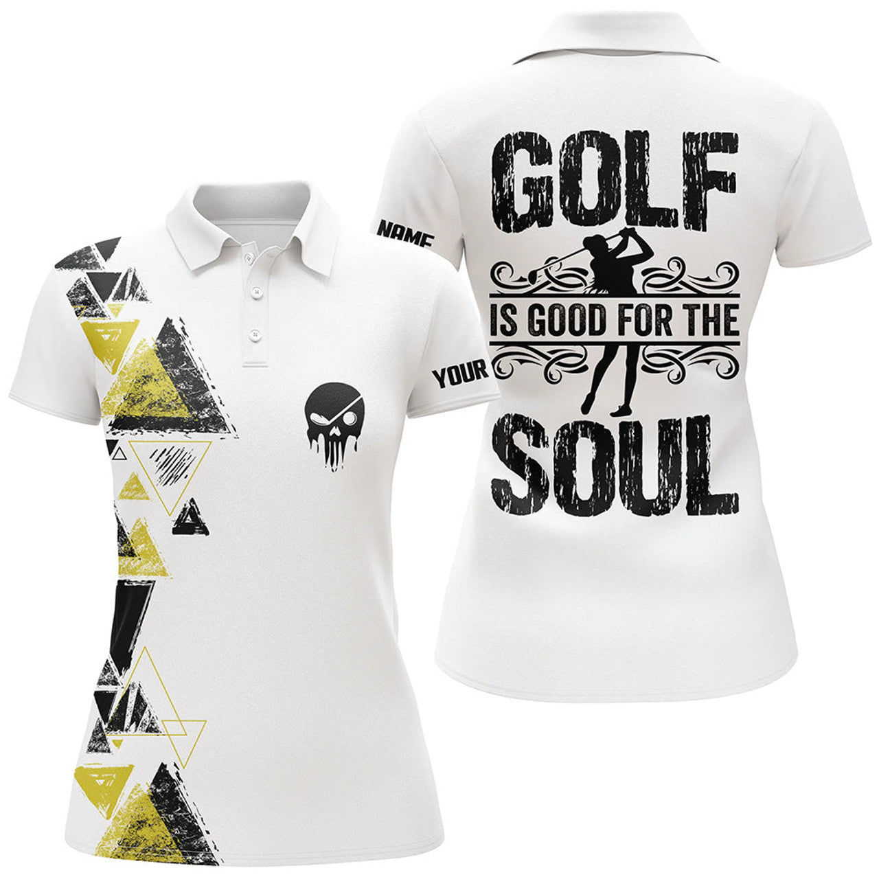 Custom Personalized Black Yellow Triangle Custom White Womens Golf Polo Shirts Golf Is Good For The Soul