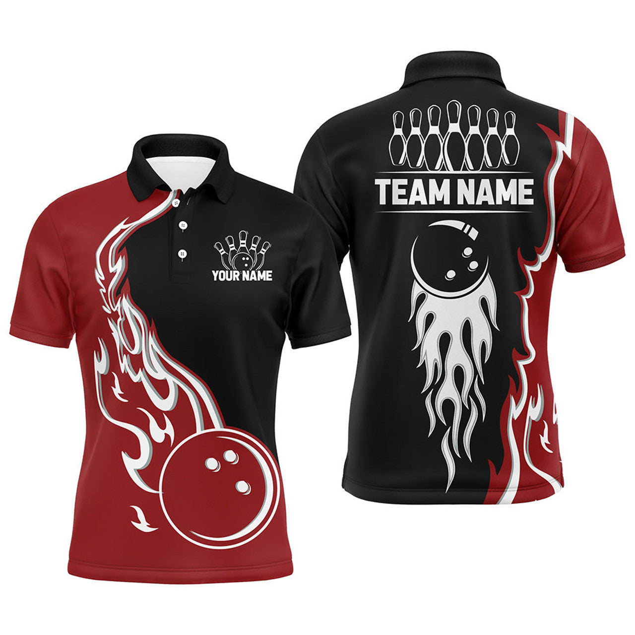 FUNSTUFFPRINT Black and Red Flame Bowling Polo, Custom Team Bowling Jersey Bowler Outfit Polo Shirt Size S-5XL