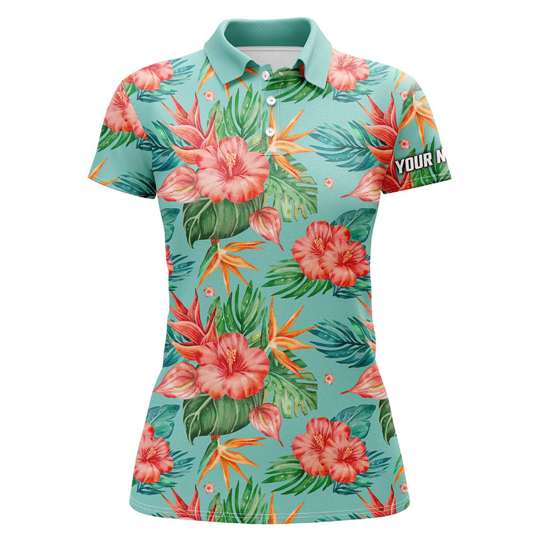 Custom Womens Golf Polos Shirts Custom Name Green Tropical Flower Hibiscus Pattern Golf Tops For Ladies