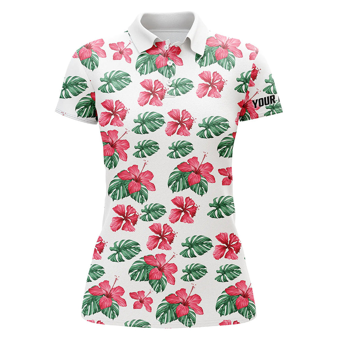 Custom Womens Golf Polos Shirts Custom Name Green Tropical Pattern Hibiscus Flower Golf Tops For Ladies