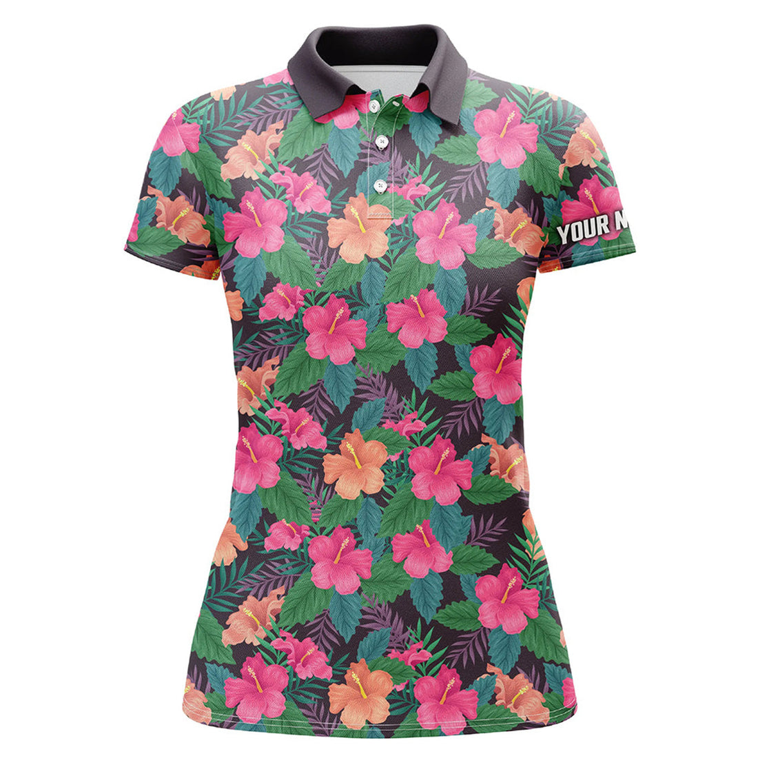 Custom Womens Golf Polos Shirts Custom Name Colorful Hibiscus Flower Tropical Pattern Golf Tops For Women