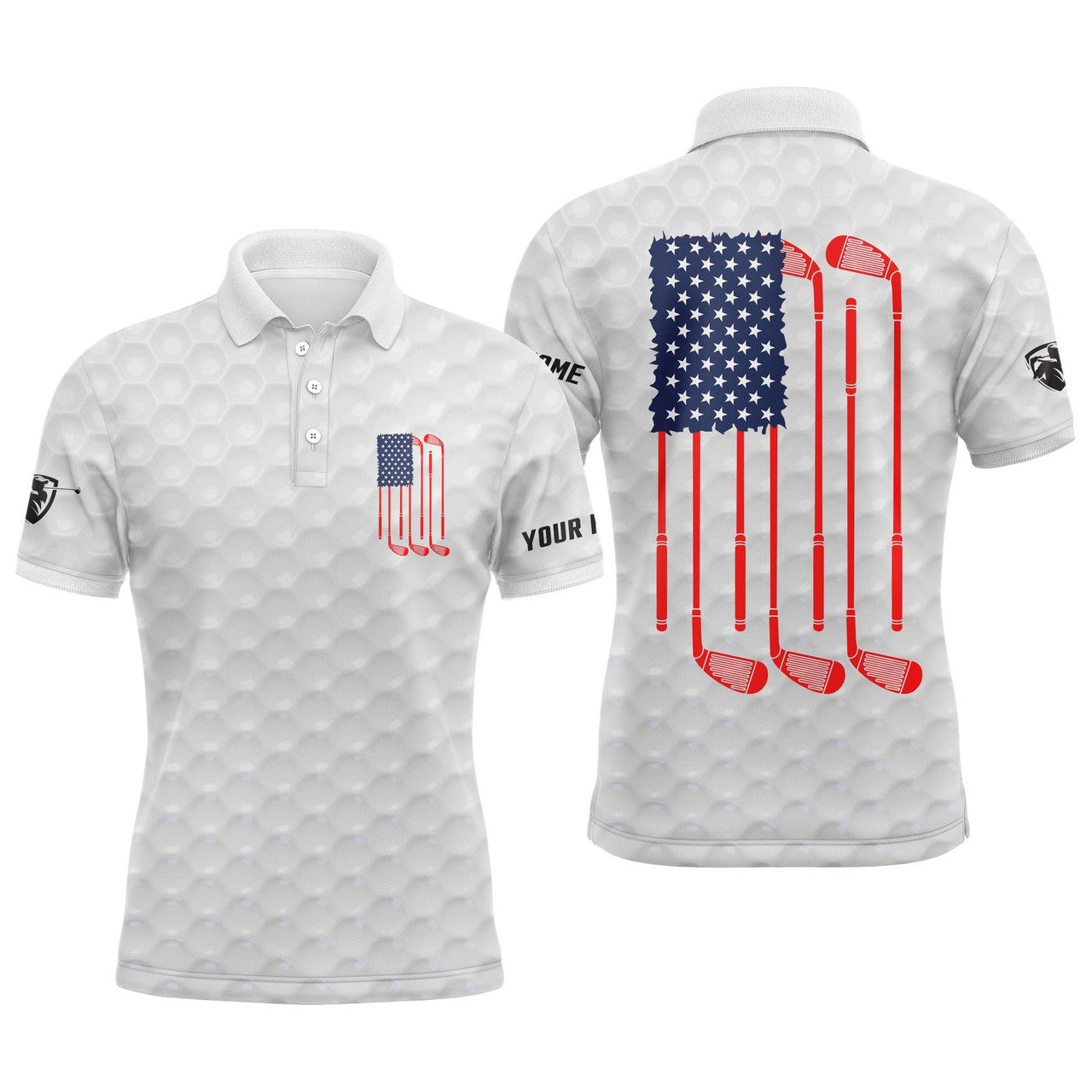 Custom Golf Custom Name Men Polo Shirt - Patriotic American Flag Golf Clubs White Apparel - Personalized Best Gift For Golf Lover, Team, Golfer, 4th July